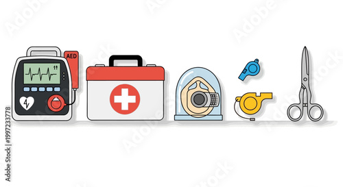 Medical tools and equipment for first aid.