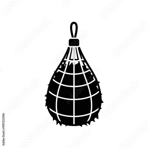 Black and white illustration of a hay net for feeding horses.