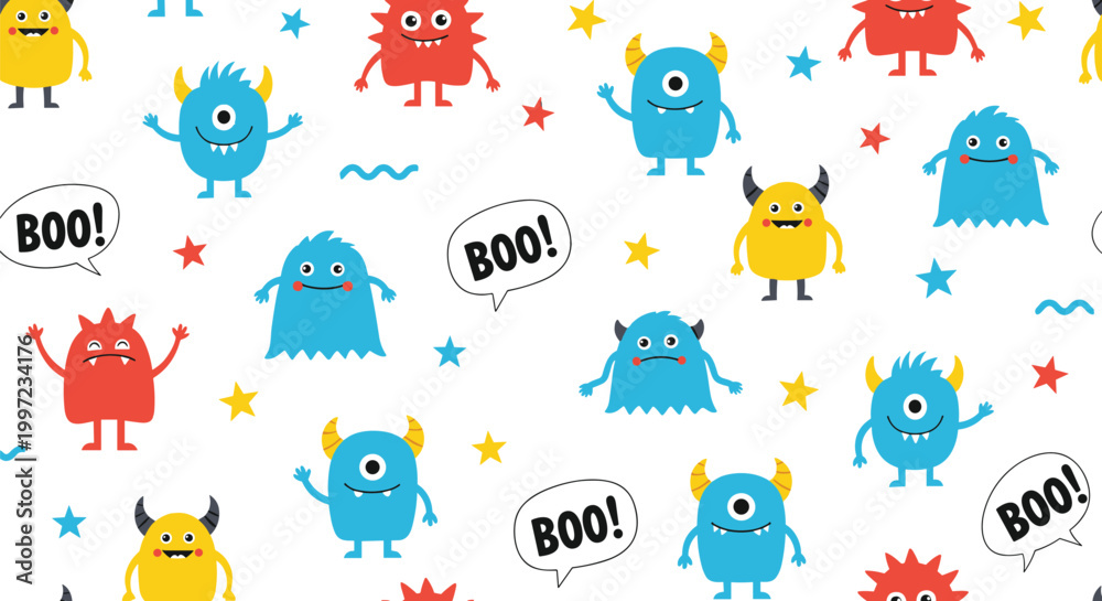 Fototapeta premium Seamless pattern with colorful cute monsters and stars and speech bubbles with boo text on a white background for kids and nursery room.