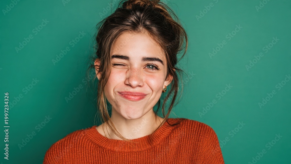 Obraz premium Playful portrait of a cheerful young woman with a messy bun, winking and smiling confidently against a vibrant teal background, embodying youthful charm and a fun personality.