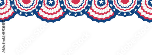 Paper fans and stars in American colors seamless border. Half Circle bunting garlands red, white, and blue.patriotic decoration. July 4, independence day. for design poster, brochure, banner, website.