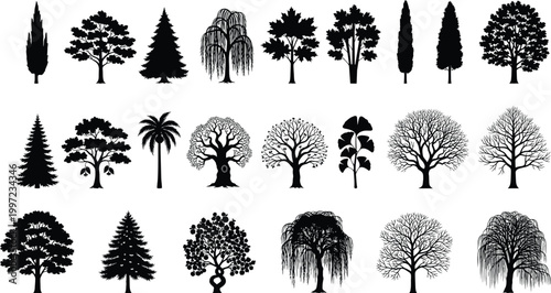 Collection of twenty diverse tree silhouette illustrations featuring coniferous, deciduous, palm, and willow species for botanical, design, and educational use