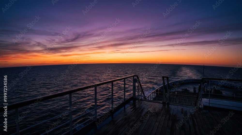 Obraz premium Ocean sunset view from a ship deck with vibrant colors.