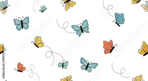 Beautiful butterfly seamless pattern featuring colorful hand-drawn insects in flight with dashed motion lines on a clean white background.