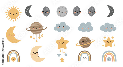 Comprehensive set of cute celestial characters including smiling sun, moons, stars, planets, and rainbows in a soft pastel color palette.