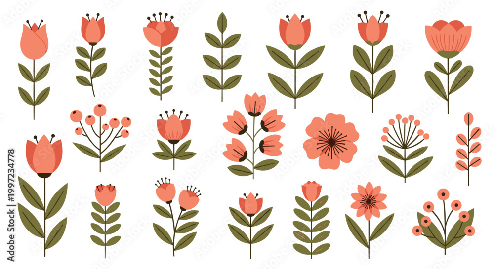 Obraz premium Diverse collection of various red flowers, buds, and green leaves in a clean and simple flat illustration style on white background.