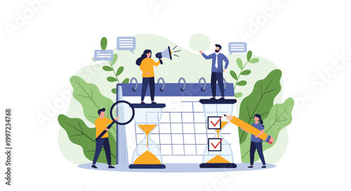 Collaborative team working together on tasks related to time management, schedules, and deadlines with giant hourglasses and a calendar.