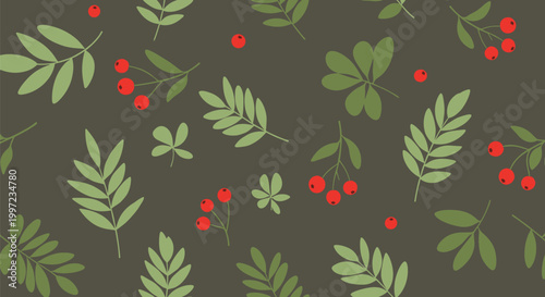 Autumnal seamless pattern featuring green rowan leaves and clusters of bright red berries on a dark grey-brown background for fall decor.