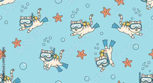 Funny pattern of adorable cartoon cats wearing scuba diving gear and swimming underwater with orange starfish and air bubbles.