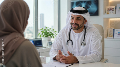 Arab doctor in traditional Emirati attire consulting patient in modern clinic, smiling physician portrait with stethoscope, trusted healthcare and compassionate medical care