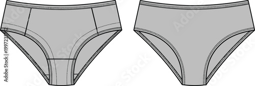 Technical flat sketch of women’s bikini underwear briefs front and back view fashion design garment construction illustration apparel template vector