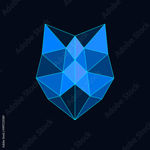 Low poly geometric blue crystalline wolf head shield logo isolated on a dark black background.