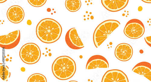 Refreshing seamless pattern with bright orange slices and citrus wedges scattered over a clean white background with decorative dots.