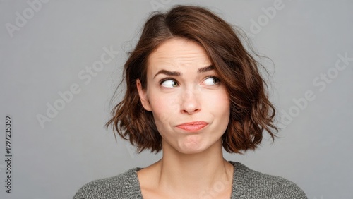 Expressive Young Woman with a Skeptical and Puzzled Facial Expression Looking Sideways