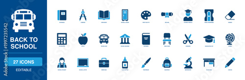 Back To School solid glyph icon set featuring Backpack, Pencil, Notebook, Ruler, Eraser, Sharpener for web, app, dashboard, presentation and infographic design