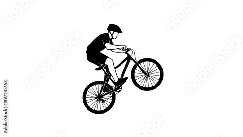 Bike rider wheelie black silhouette on white background 