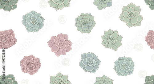 Beautiful seamless pattern of hand drawn succulent plants in soft green and pink colors for wallpaper and textile design.