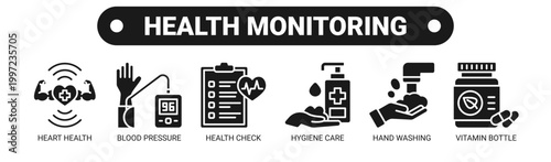 Health Monitoring web banner icon vector illustration concept with icons of heart health, blood pressure, health check, hygiene care, hand washing, and vitamin bottle. 