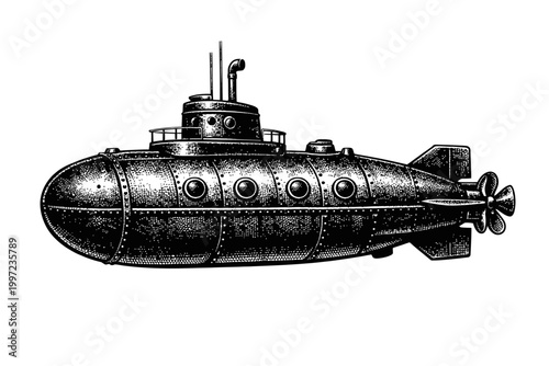 Vintage-style illustration of a submarine with a single propeller and conning tower, isolated on white background
