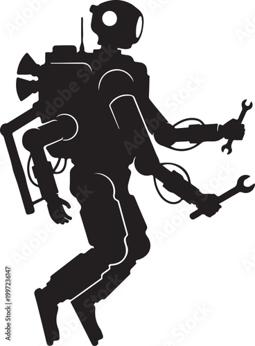 Black silhouette robot, industrial robot, robotic figure, futuristic character, vector illustration