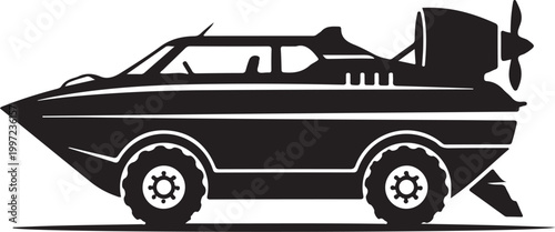 Black vector speedboat, amphibious vehicle icon, monster truck boat, water land transport