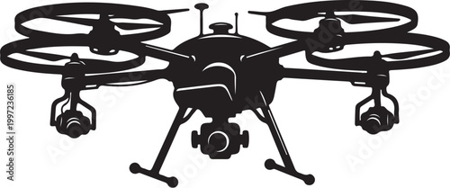 Drone, quadcopter, aerial, vector, black, icon, illustration, 3D, robotic, flying, camera, photography, surveillance