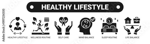 Healthy Lifestyle web banner icon vector illustration concept with icons of healthy lifestyle, wellness routine, self care, mind balance, sleep routine, and life balance. 