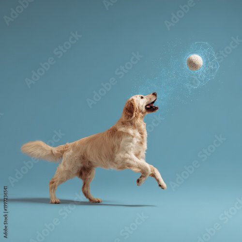 playful dog interacting with augmented reality interface while chasing holographic ball