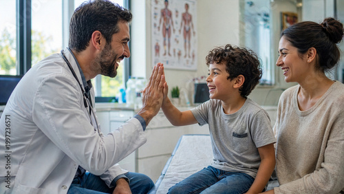 Pediatric doctor giving high five to happy child during clinic visit, family healthcare consultation with mother, caring medical support and trust scene