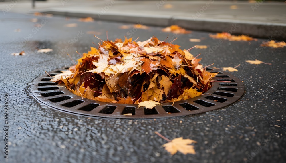 Naklejka premium Close up of a storm drain overflowed with leaves on a wet city road during autumn season for drainage system and infrastructure maintenance concept