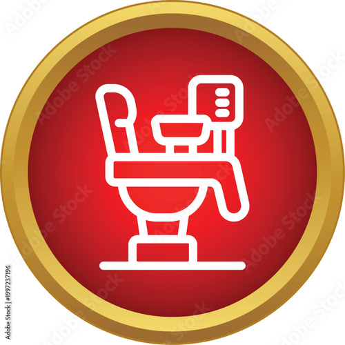 Dental chair graphic inside a red circle with gold border, symbolizing stomatology healthcare