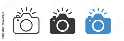 take photo icon set, camera signs and photography flash symbols, phone picture icons and photocamera elements in black and blue color for modern ui design.