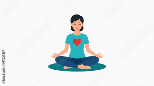 A woman in meditation pose with eyes closed, wearing a t-shirt with a red heart, symbolizing peace and mindfulness. World Health Day