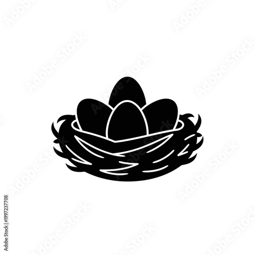 Black silhouette of a birds nest with several eggs inside, simple design.