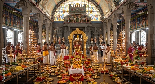 Traditional Hindu Temple Inside with Devotees and Priests Performing Ritual Puja Ceremony