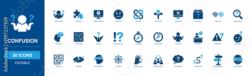 Confusion solid glyph icon set featuring Question Mark, Thinking Head, Logic Maze, Tangled Knot, Spiral Swirl, Dizzy Eyes for web, app, dashboard, presentation and infographic design