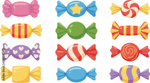 Colorful candy vector set, wrapped sweets, striped, spiral, chocolate treats collection for confectionery design illustration