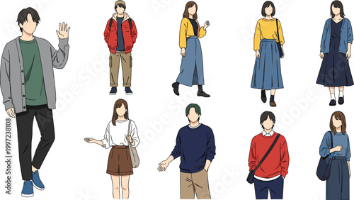 Casual people fashion set with modern men and women outfits, trendy streetwear character collection for lifestyle illustration design