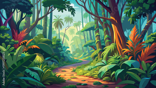 A small wooden cabin hidden inside a lush tropical jungle with a narrow dirt path and vibrant green leaves and palm trees Vector