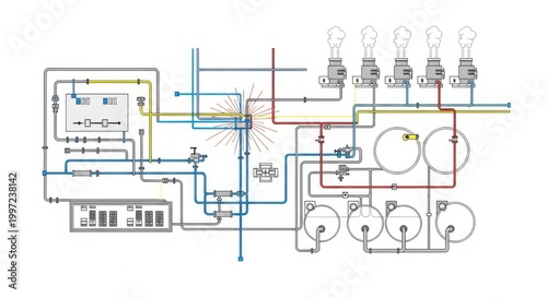 Industrial Piping System Diagram with Valves Tanks and Gauges