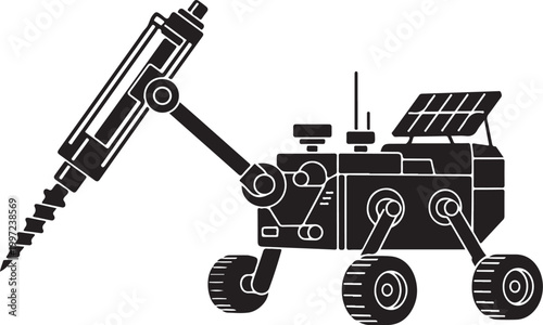 Black and white robotic rover, solar powered robot, drilling machine, space exploration vehicle