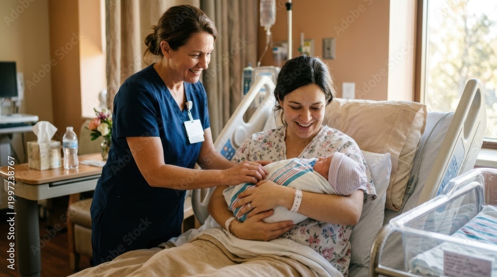Obraz premium A compassionate nurse provides gentle support to a happy new mother cradling her newborn baby in a brightly lit hospital room, emphasizing professional postpartum care.