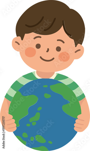 지구를 들고 있는 아이 일러스트 환경 보호 캐릭터