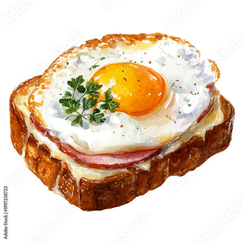 Stylized watercolor Croque Madame vector, modern artistic illustration with high-quality details on a pure white background.