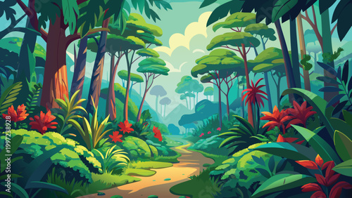 Beautiful tropical rainforest landscape with a dirt path winding through lush green trees and colorful exotic plants Vector
