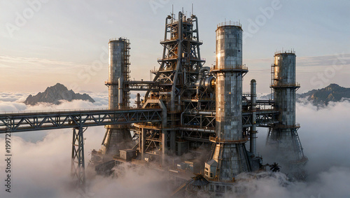 Industrial Complex on Mountain Peak Above Clouds at Sunset