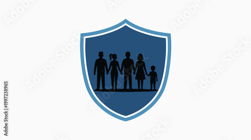 A stylized shield emblem featuring a silhouette of a family holding hands, symbolizing protection and security.