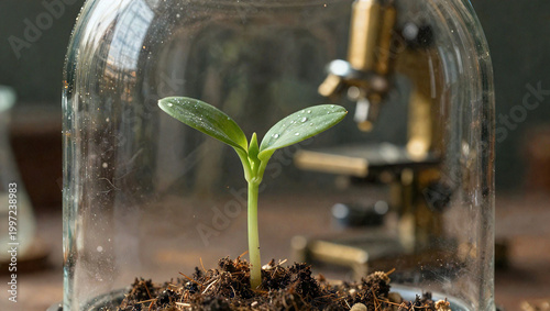 Emerald Sprout Under Vintage Glass Cloche in Antique Laboratory
