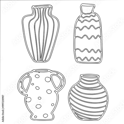 Hand drawn outline illustration of decorative flower vases / pottery 