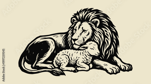 Lion and Lamb: Vintage Biblical Illustration, Linocut Woodblock Vector Engraving on Isolated Background